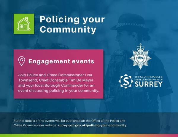 deep blue banner for 'Policing your Community' events with Office of the Police and Crime Commissioner and Surrey Police logos