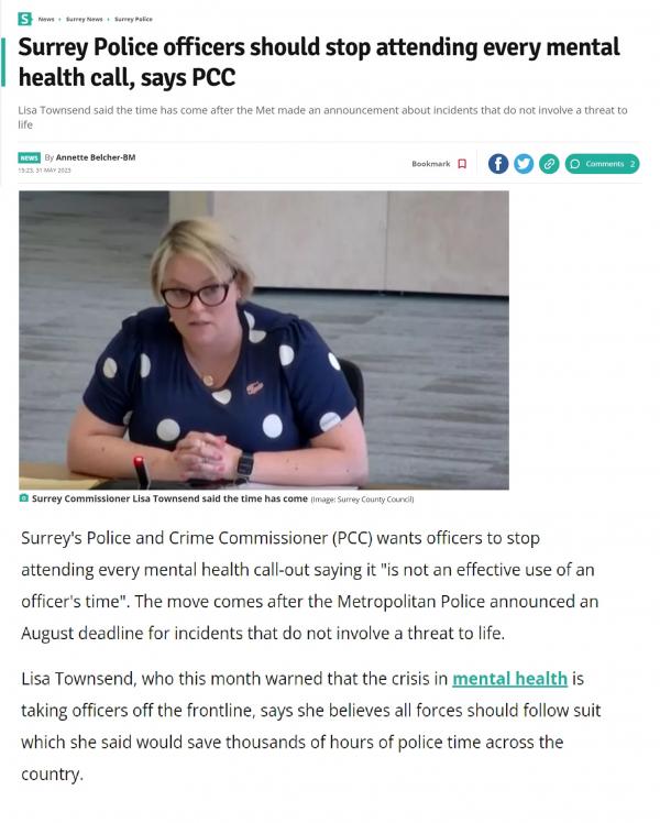 Headline 'Surrey Police officers should stop attending every mental health call, says PCC' with serious looking image of Commissioner Lisa Townsend and first paragraph of the news story linked by clicking..