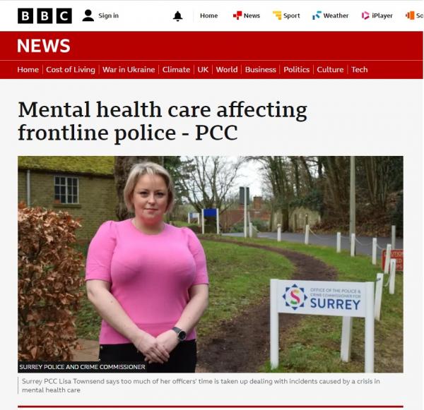 Picture of Surrey Commissioner Lisa Townsend outside office sign with BBC News format and headline, Mental health care affecting frontline police - PCC 