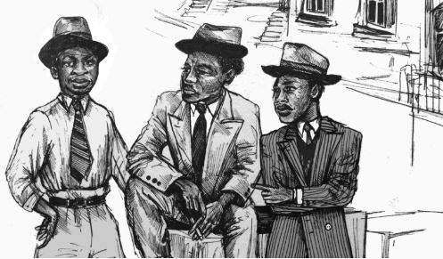 a black and white illustration by Jasmine Thompson. Three black men in suits and ties with hats sit together on a street scene