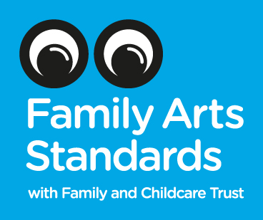 blue logo with googley eyes. Words: Family Arts Standards