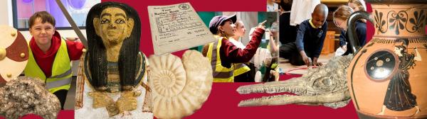 Bristol Museums Learning logo. Red background and images of artefacts: ammonite, greek pot, sea dragon skeleton, ration book