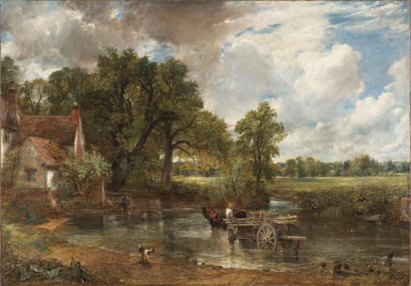 oil painting of a rural landscape with farmhouse, pond and fields