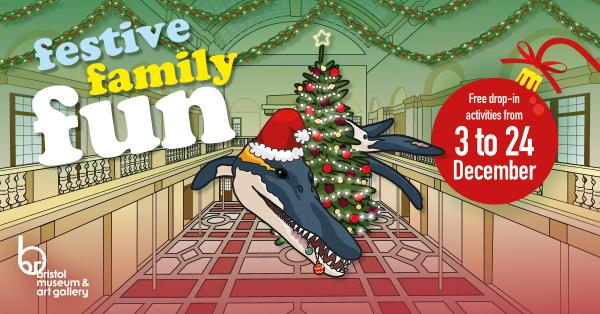 illustration of a pliosaur in Christmas hat around a tree