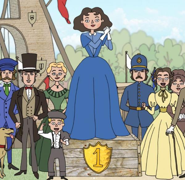 animation of a girl in Victorian dress standing on a plinth with a number 1 on it