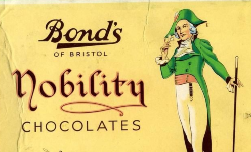 an old yellow poster with a man dressed in green Edwardian costume. Words: Bonds of Bristol Nobility Chocoloates