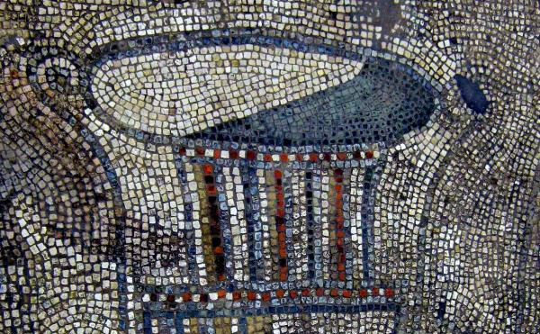 mosaic image of a Roman vase in blues and browns