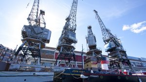 four large metal cranes tower above a harbour