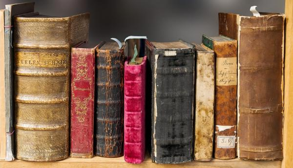 a variety of antique books ona  shelf