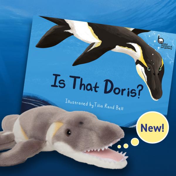 Cover of a children's book called Is that Doris? with an illustration of a Jurassic pliosaur. In front is a cuddly toy pliosaur.