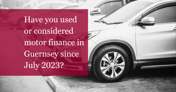 A black and white side on image of cars n a row, with a box to the left which reads: Have you used or considered motor finance in Guernsey since July 2023?