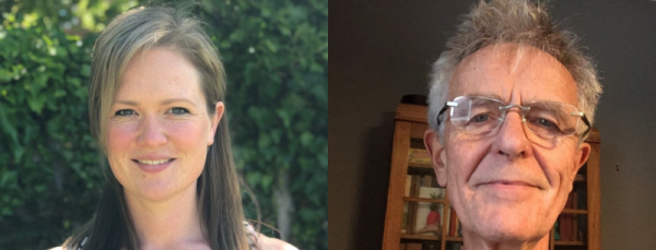 A young smiling woman with shoulder length sandy coloured hair and a man in his 60s with spiky grey hair wearing glasses