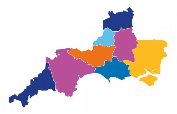 A map of the counties of the Arts Council England South West Area