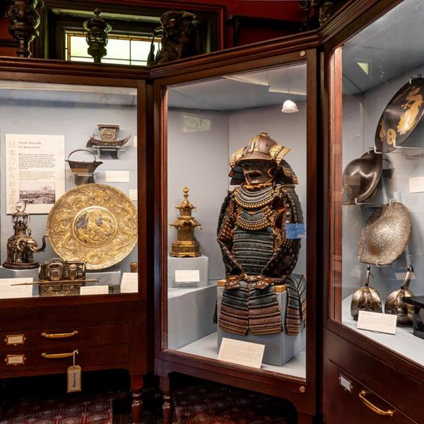 A display case of old Japanese samurai armour.  