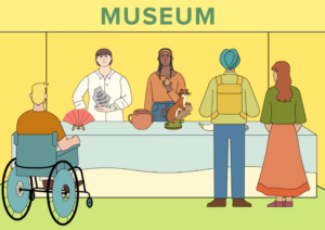 An illustration of a pop up museum in a yellow tent. Two museum workers are showing a range of objects to three visitors. 