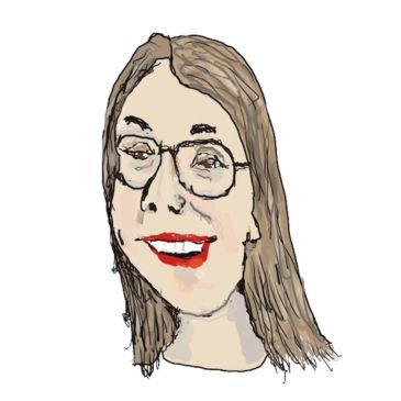 Cartoon illustration of a person with shoulder length brown hair, wearing glasses and smiling