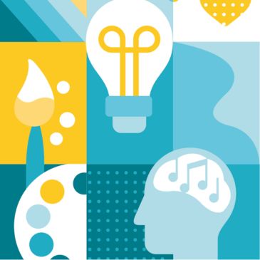 Computer generated images in shades of teal and yellow, including a paintbrush, a head, a light bulb, paint palette