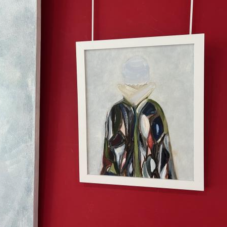 Piece of Catherine's artwork. An abstract figure wearing a cloak.