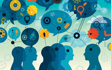 An illustration in shades of blue-green. Representations of people talking with speech bubbles above their heads