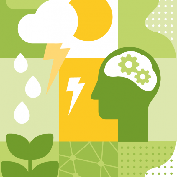 Green graphic of a head with cogs inside and lightning bolts around