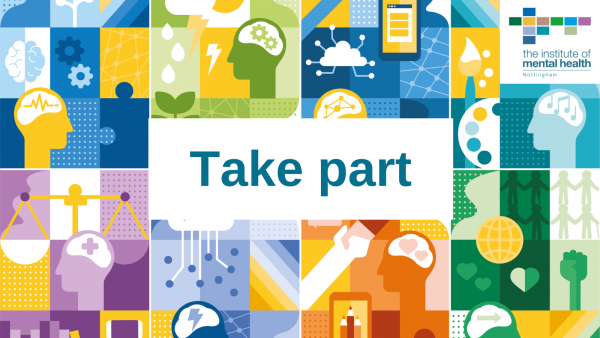 A colourfyul selection of graphic images representing different aspects of mental health. The words 'take part' are in the centre