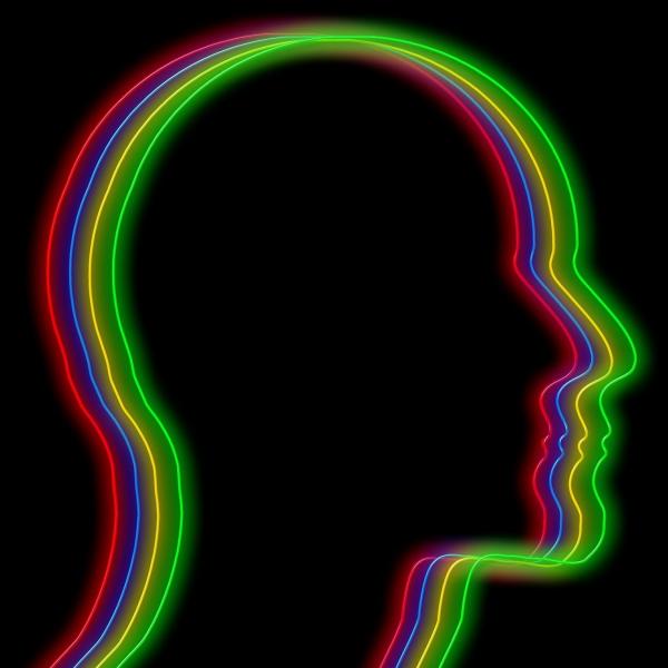 NEON-O trail graphic, head with multicolour neon lines around it