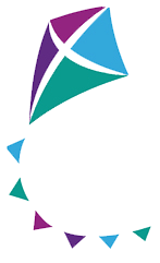 A graphic illustration of a kite in shades of purple and blue