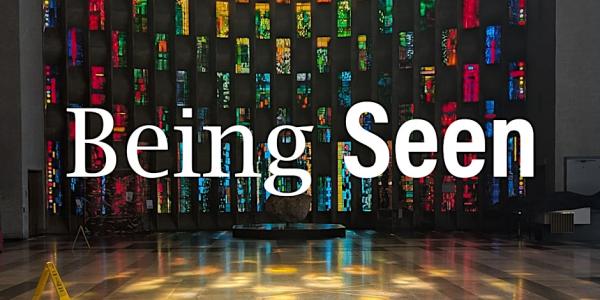Artwork hanging from a ceiling, behind the words 'being seen'