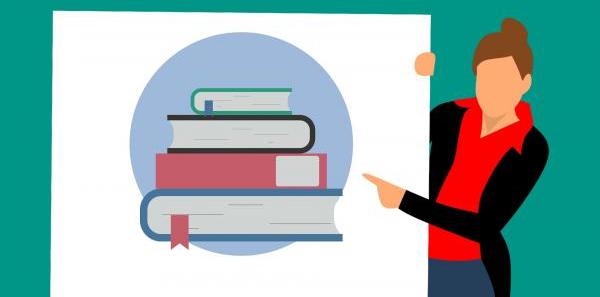 Graphic of woman pointing at a stack of books