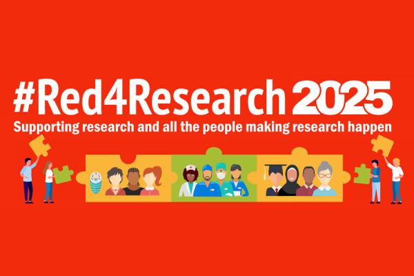 A red background featuring an illustration of a small crowd of people
