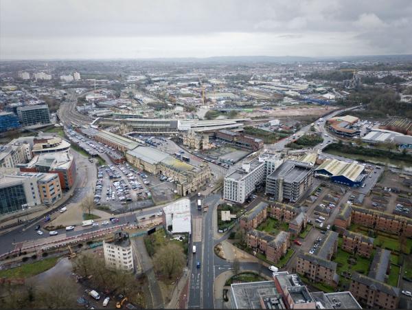 Aerial image of Bristol Temple Meads station and the surrounding area from March 2024