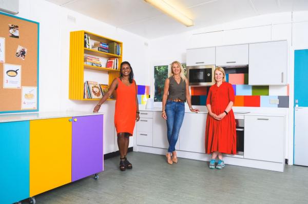 L-R Shankari Raj, Debra Hutt and Nola Hersey stand in the refurbished kitchen at the Dings community space