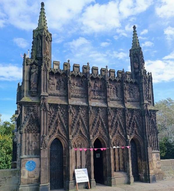 Chantry Chapel in Wakefield with pink bunting at the entrance for Heritage Open Days 2024