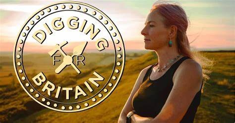 Digging for Britain logo and host Alice Roberts looking out across a horizon