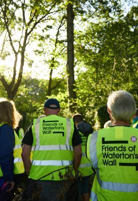 Volunteers in hi-vis vests walking through a wood