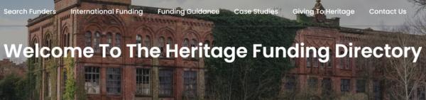 Heritage Funding Directory homepage showing webpage buttons and welcome message