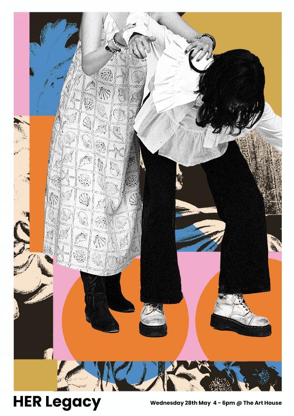 Two people standing next to each other, one is holding the other whilst they are bending down. Overlaid on abstract patterns