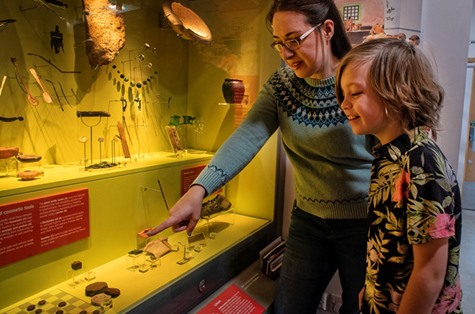 An adult and child looking at museum objects in a museum case