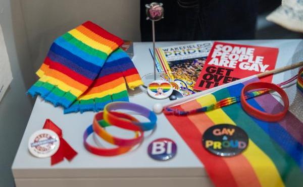 A display of Wakefield Pride and LGBTQ+ related objects and memorabilia
