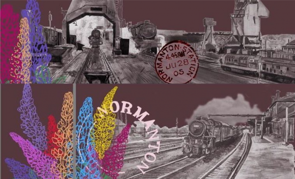 Mural designs showing Normanton railways station, lupin flowers and Normanton postal stamps