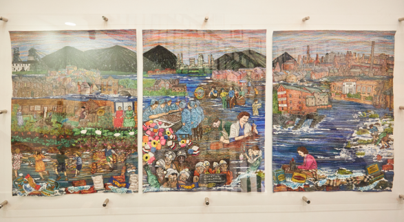 Three textile panels depicting Castleford's industrial heritage