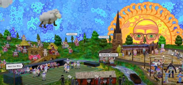 Animated landscape of Wakefield with different landmarks and iconic characters