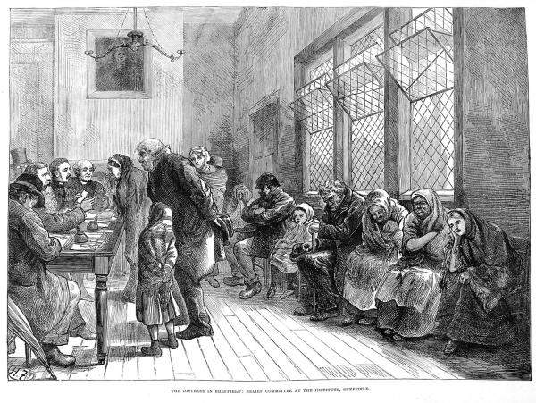 1879 illustration showing poor people in a Relief Institute in Sheffield