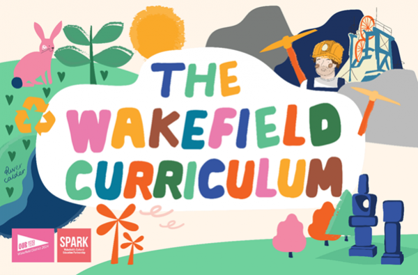 Illustration for The Wakefield Curriculum, including the title and images depicting mining, sculpture and nature