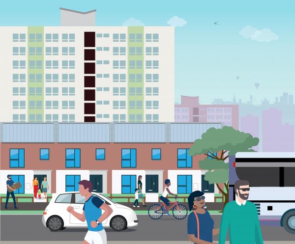 East Bristol Liveable Neighbourhood illustration with people walking around against an east Bristol backdrop