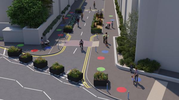 Visual of temporary measures at Victoria Street, including colourful shapes on the pavement.