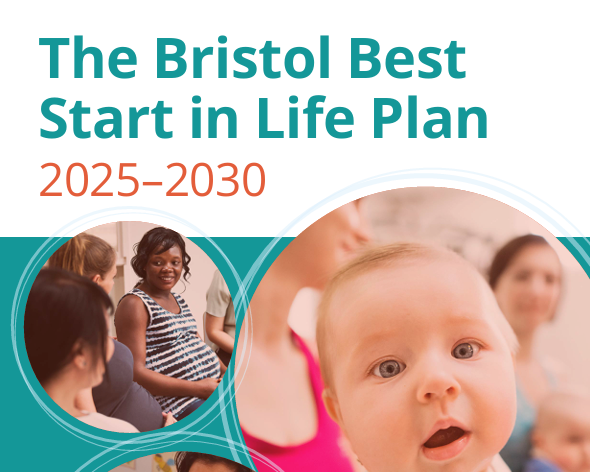Graphic for &ldquo;The Bristol Best Start in Life Plan 2025&ndash;2030&rdquo; showing circular photos of a baby, group discussion, and adult playing with a child