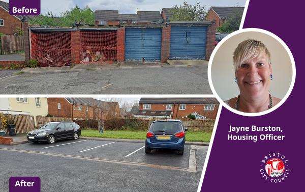 a selection of images showing before and after shots of the works carried out at Custom Close, as well as an image of Jayne Burston, the housing officer