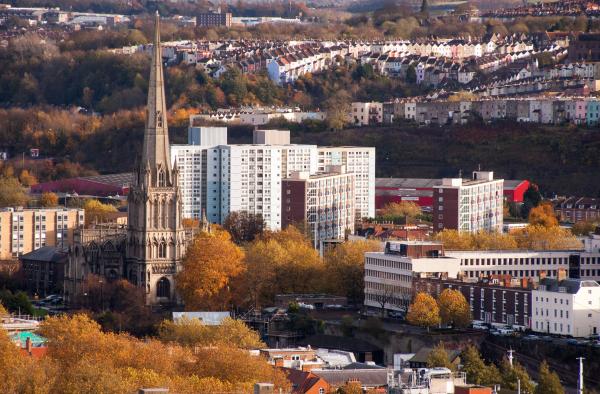 An ariel view of Bristol showing St Mary Redcliffte church