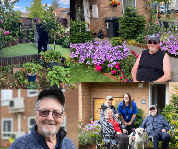 A collage of photos of residents and the gardens of Orchard Court in bloom